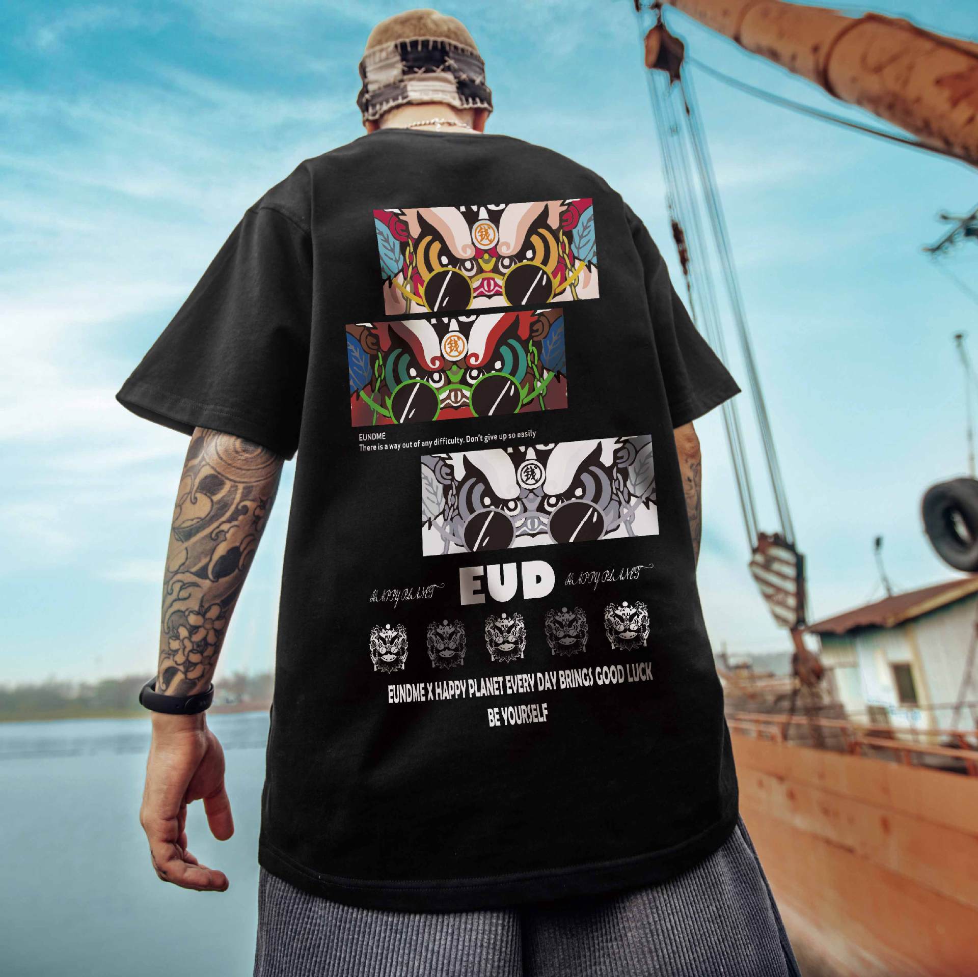 C&JNeues bedrucktes Löwen-T-Shirt mit übergroßem Herrenmode-Label, kurzärmelig, Hip-Hop im chinesischen Stil, übergroß, übergewichtig_voghion.com