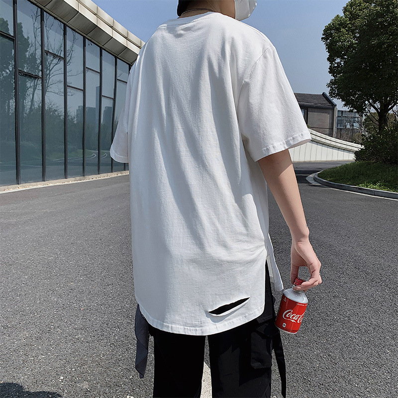 C&J T-Shirt Modemarke Loch gebrochen Rundhals Persönlichkeit 5/4 Ärmel Mittelarm Top_voghion.com
