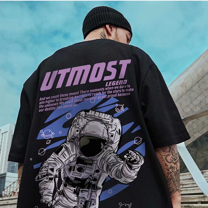C&J Astronauten-Kurzarm-T-Shirt mit halben Ärmeln, Übergröße, lockere Version, Astronauten-Amerikaner, trendiger BF-Stil_voghion.com