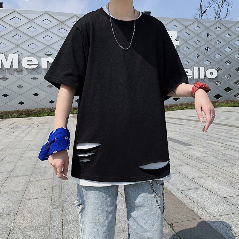 C&J T-Shirt Modemarke Loch gebrochen Rundhals Persönlichkeit 5/4 Ärmel Mittelarm Top_voghion.com