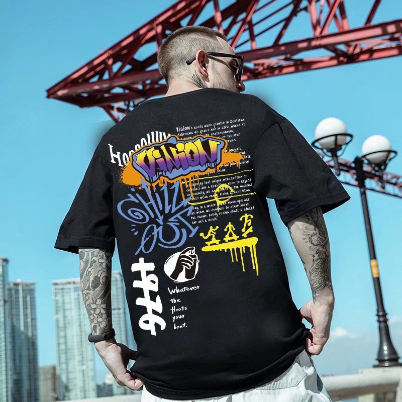 C & JAmerican Street Fashion Brand Hip Hop Fried Street Dark Black High Street T-shirt Homme INS Fashion Large Plus_voghion.com