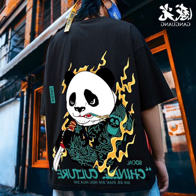 C&JChina-Chic Panda Kısa Kollu Erkek Büyük Beden Chaozhou Marka ins Çin Tarzı Erkek Gömlek Yaz Modası Şişman Büyük Boy Tişört_voghion.com