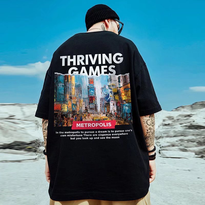 C&JOversize Fashion Brand Fat Men's Clothing Plus Fat China-Chic Hip Hop Loose Oil Painting Short Sleeve T-shirt Fashion Half Sleeve_voghion.com