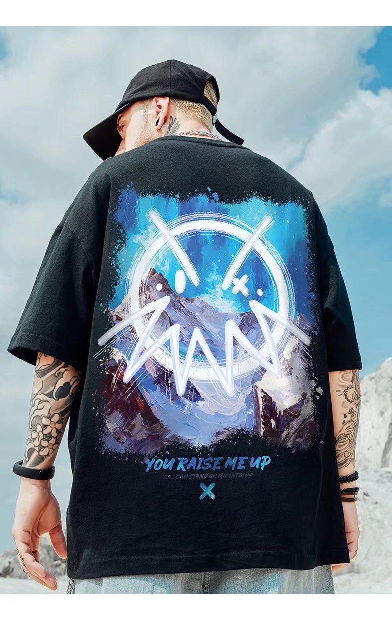 C&JOversize Fashion Brand Fat Men's Clothing Plus Fat China-Chic Hip Hop Loose Oil Painting Short Sleeve T-shirt Fashion Half Sleeve_voghion.com