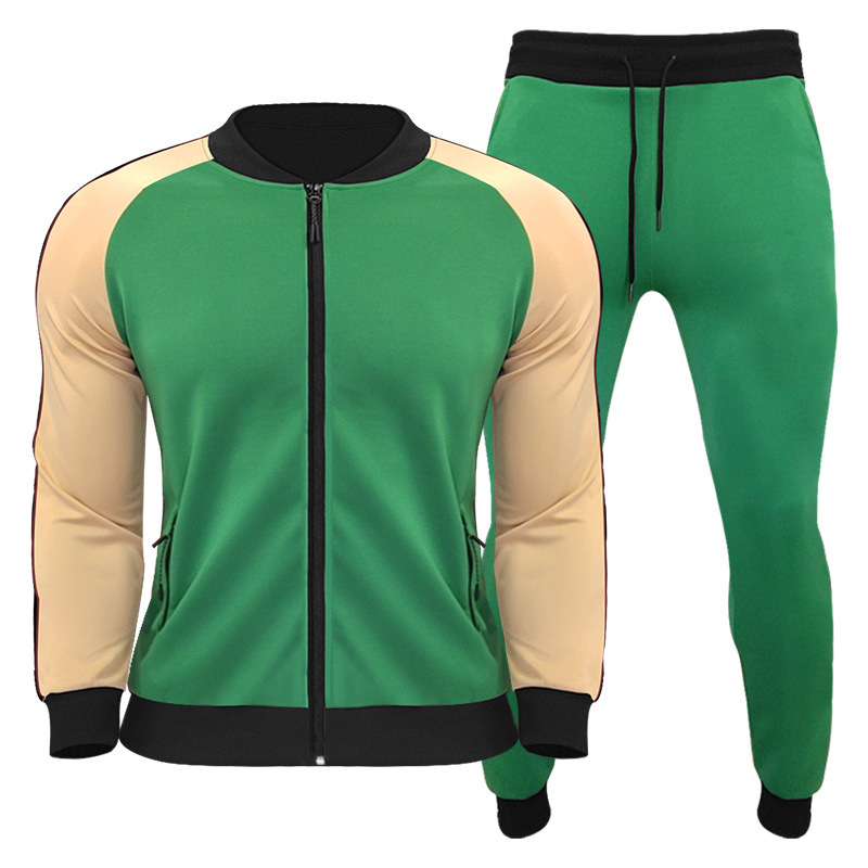 C&J New Youth Fashion Mock Neck Zipper Shirt Color-blocking Casual Sports Set Men_voghion.com