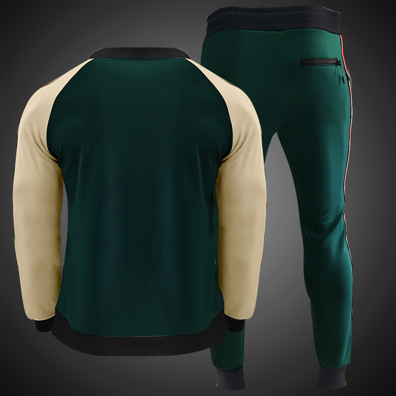 C&J New Youth Fashion Mock Neck Zipper Shirt Color-blocking Casual Sports Set Men_voghion.com