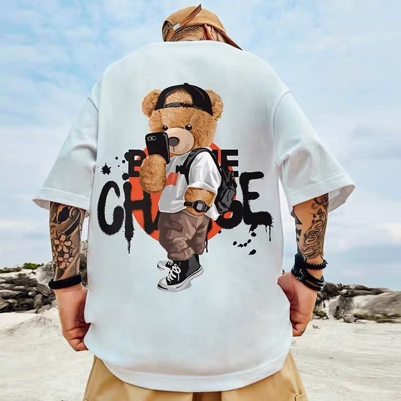 C&J Little Bear Fashion Brand Manica corta da uomo Loose High Street Large Men's Wear Plus Fat_voghion.com
