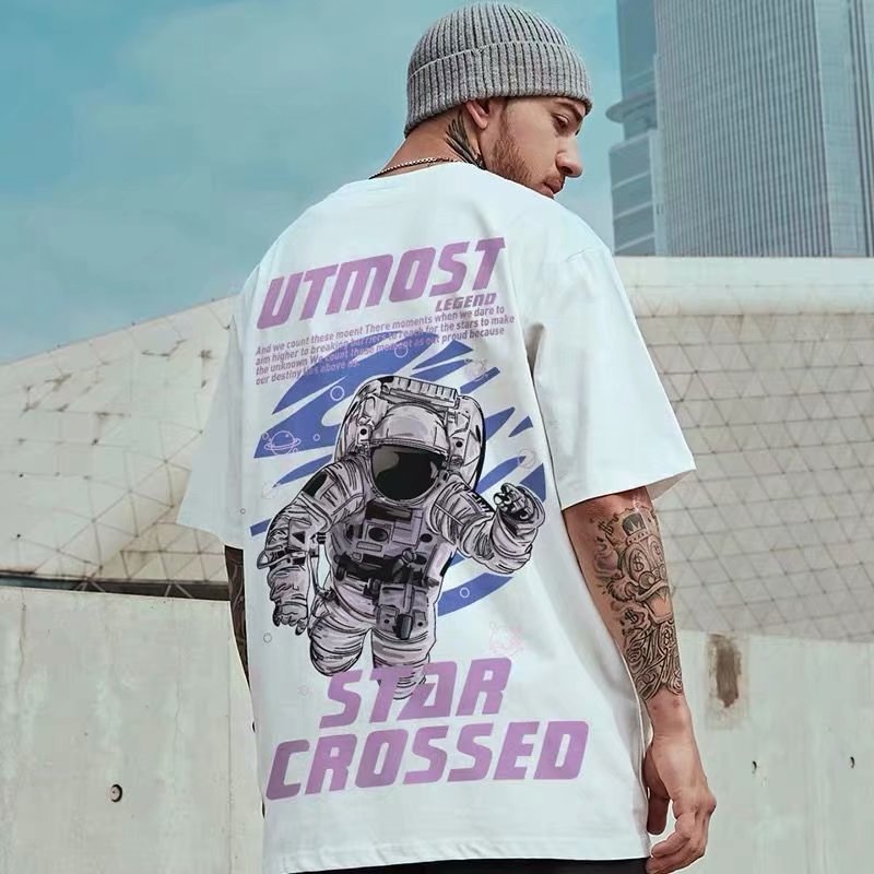 C&J Astronauten-Kurzarm-T-Shirt mit halben Ärmeln, Übergröße, lockere Version, Astronauten-Amerikaner, trendiger BF-Stil_voghion.com